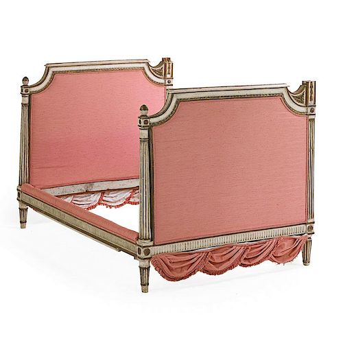 LOUIS XVI STYLE PAINTED PARCEL GILT CANOPY BED