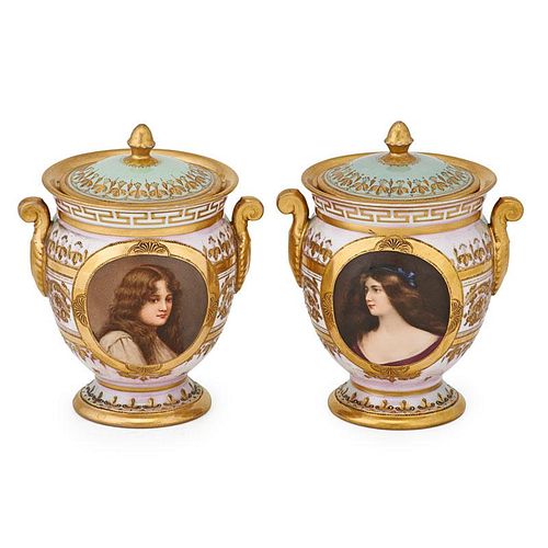 PAIR OF VIENNA PORTRAIT VASES WITH COVERS