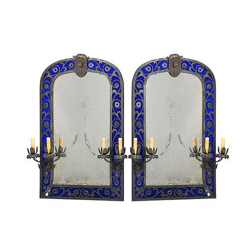 PAIR OF RENAISSANCE STYLE PATINATED METAL MIRRORS