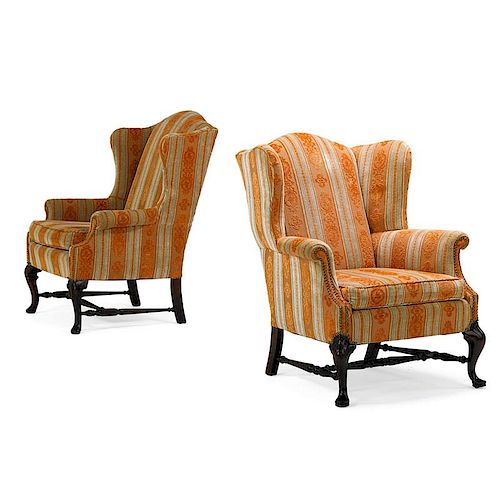 ASSEMBLED PAIR OF QUEEN ANNE STYLE WING CHAIRS