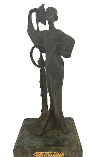 Louis Icart Deco Lady w/ Peacock Bronze Sculpture