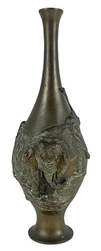 19th C Japanese Signed Elephant Bronze Relief Vase