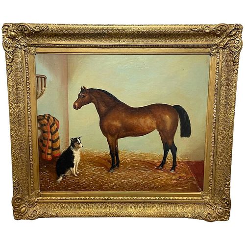 BAY HUNTER HORSE WITH DOG OIL PAINTING