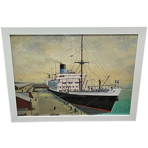 TRANS PACIFIC STEAMSHIP SARPEDON DOCKED OIL PAINTING