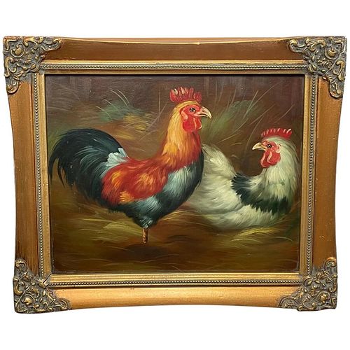 STUDY OF POULTRY COCKEREL & HEN BIRDS OIL PAINTING