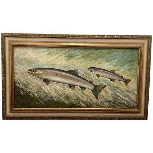2 SALMON FISH LEAPING UPSTREAM OIL PAINTING