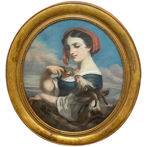 YOUNG WOMAN FEEDING GOAT OIL PAINTING