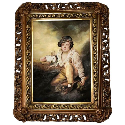 YOUNG BOY & RABBIT OIL PAINTING