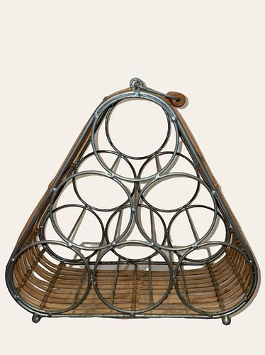 Post Modern Wicker and Metal Triangle Wine Rack with Handle