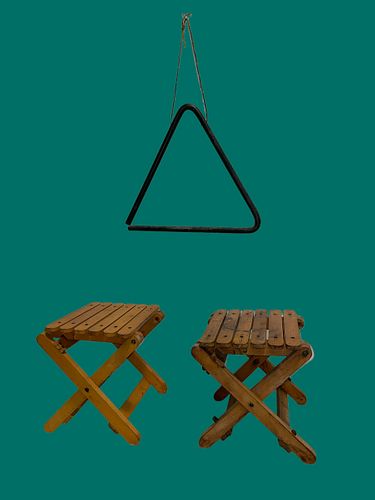 Antique Boy Scout Wood Foldable Picnic Stands and Cowboy Dinner Bell 
