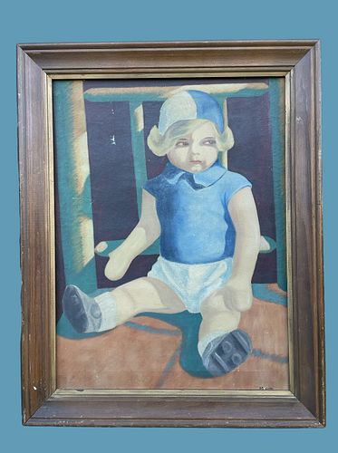 Mid Century Acrylic on Canvas of Baby Boy in Crib sgd MERNER