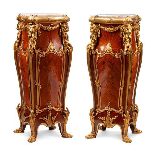 Attributed Francois Linke Pair of Gilt Bronze Mounted Marquetry Pedestals
