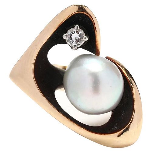 1950s Ed Wiener 14K Gold Grey Baroque Pearl Diamond American Modernist Ring