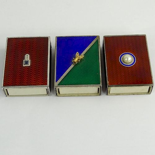 Three Vintage Silver and Guilloche Enamel Match Boxes with Embellishments to Tops.
