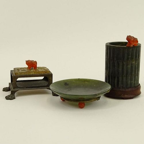 Vintage Three (3) Piece Chinese Jade and Carnelian Smoking Set.