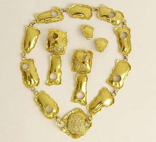 Baruch Hadaya, Israeli 18 Karat Yellow Gold and Diamond Necklace and Two Pair Earclip Suite.