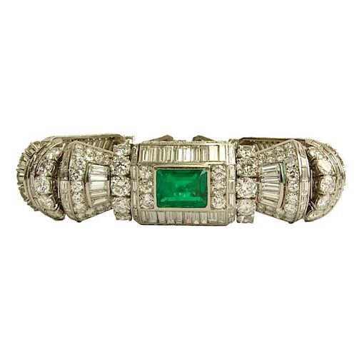 French Art Deco Approx. 58.0 Carat Multi Cut Diamond, 12.0 Carat Colombian Emerald and Platinum Bracelet.