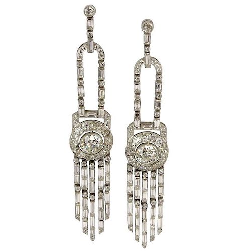 Fine Quality Art Deco Approx. 10.50 Carat Diamond and Platinum Chandelier Earrings.