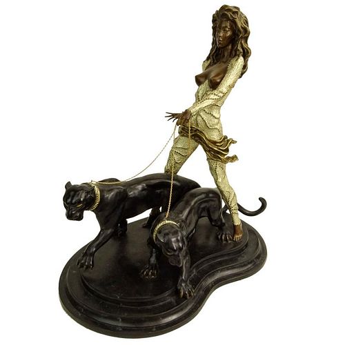 Contemporary Bronze Sculpture on Marble Base "Woman With Two Panthers"