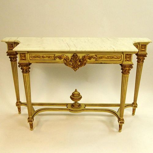 Mid 20th Century Italian Neoclassical style Carved, Painted and Parcel Gilt Console with Marble Top.