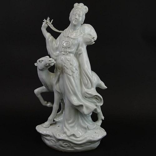 Large Mid Century Chinese Blanc Du Chine Lady With Deer Group.