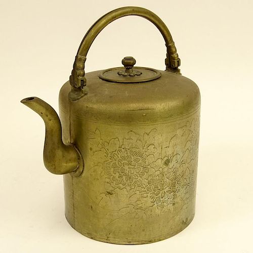 Antique Chinese Brass Teapot With Chased Floral and Prose Decoration.