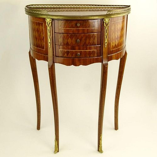 Vintage Transitional style Bronze Mounted Parquetry Inlay Demilune Occasional Table.