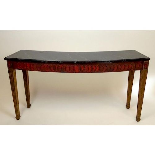 Mid-Century Italian Carved and Painted Wood Curved Console With Faux Marble Painted Stone Top.