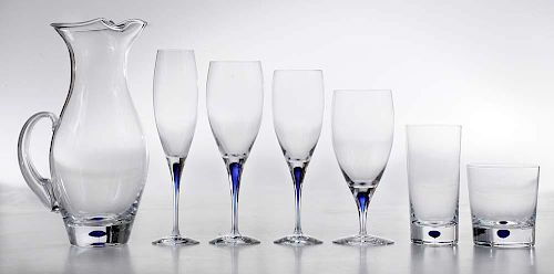 Orrefors Blue Intermezzo Stemware and Barware Service for Eight with Extra Stems (64 pieces)