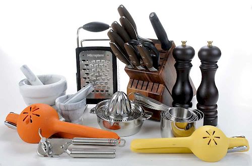 Assorted Stainless Steel, Wood, Marble and Plastic Kitchen Implements, 69 Pieces