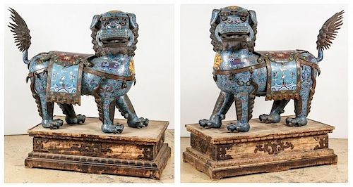 Pair of Palace-Size Cloisonne Foo Dogs, Qing D.