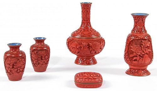 5 pc Chinese Cinnabar Vases/Box