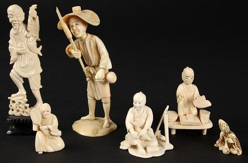 Suite of 6 Antique Chinese and Japanese Carved Ivory or Bone Artifacts