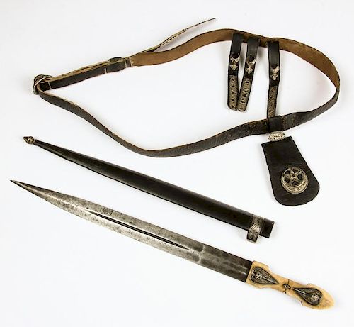 19th C. Russian/Caucasian Dagger (Kinjal) w/Belt