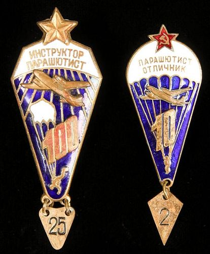 2 Russian Soviet Bronze Enamel Parachutist Medals