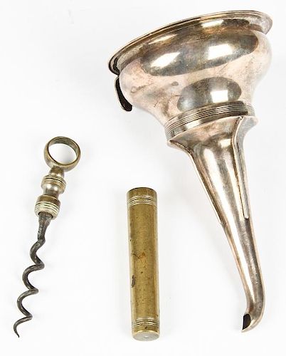 Antique Sterling Funnel and 18th c. Corkscrew