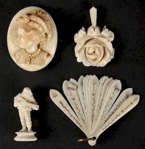 Suite of 4 Antique Carved Ivory or Bone Bibelots