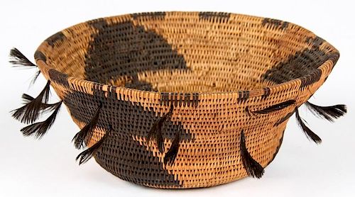 Pomo Coiled Basket with Feathers