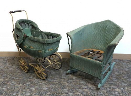 Antique Wicker Childs Rocker And Doll Carriage