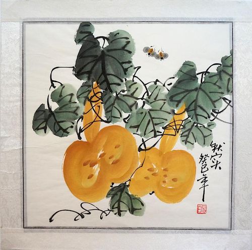 Chinese Watercolor Of Bees Buzzing Above Gourds