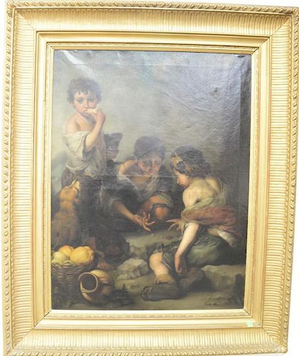 19th century oil on canvas of three boys rolling dice, unsigned, 31" x 24".