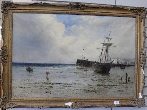 Gustave de Breanski (1856-1898), Low tide beach scene with moored boat, oil on canvas, signed lower left Gustave de Breanski, 24" x ...