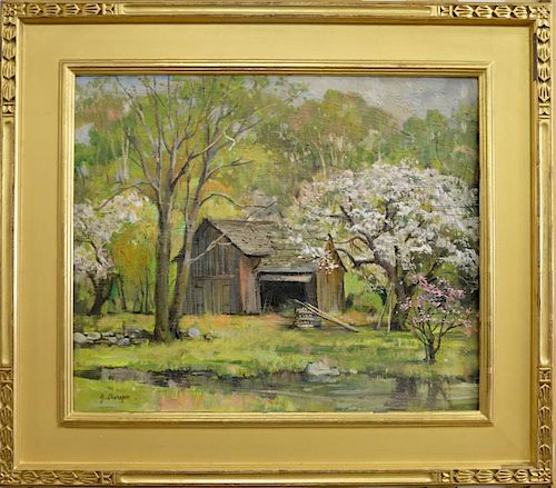 George Cherepov (1909-1987) oil on board spring landscape with barn, signed lower left: G. Cherepov, 20" x 24".