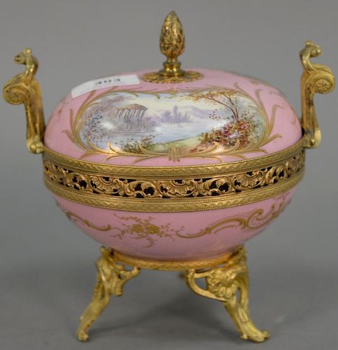 Sevres porcelain and gilt bronze potpourri box, marked Sevres, Chateau. ht. 7 1/2 in.; dia. 6 in.