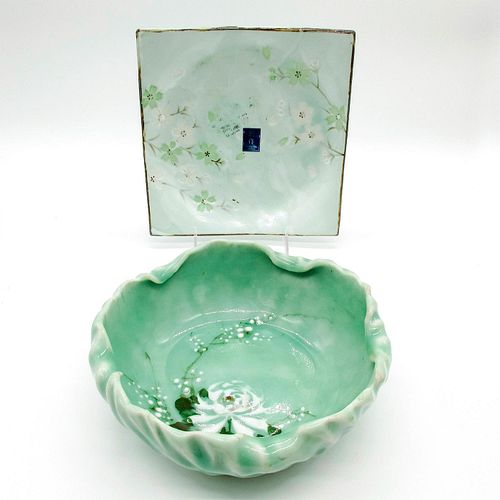 2pc Asian Decorative Green Bowl + Tray
