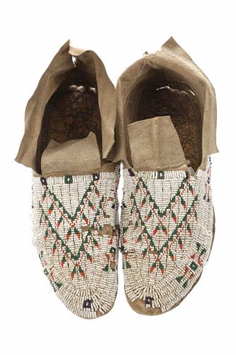 C. 1890 Sioux Beaded Hide Hard Sole Moccasins