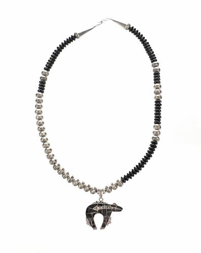 Navajo Sterling Silver Onyx Bear Pendant Necklace