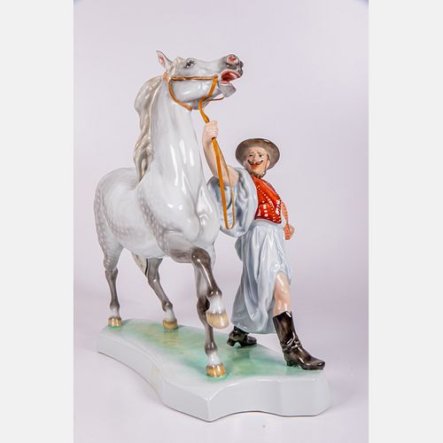 A Large Herend Porcelain Figure, Trainer With Horse