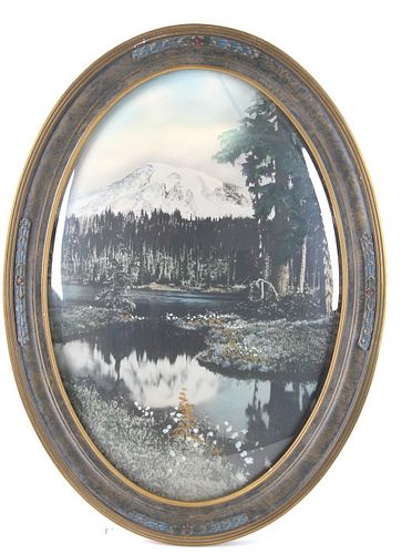 Oval Framed Mountain Lake Hand Tinted Vignette