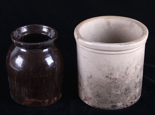 Early 1900's Pair of Glazed Stoneware Pottery Jars